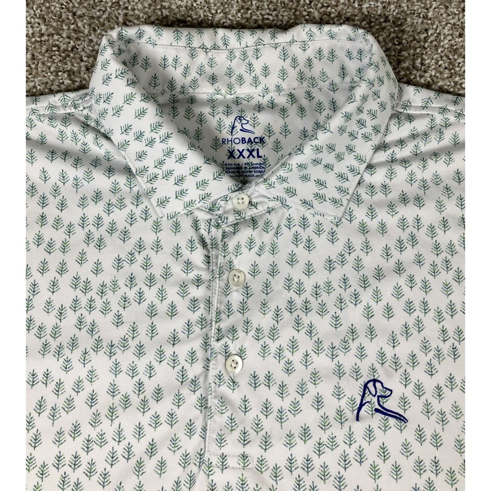 Rhoback Polo Shirt‎ Mens 3XL White Pine Tree Print Golf Performance Stretch